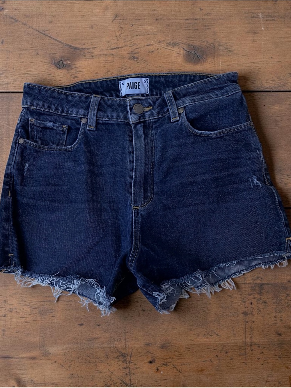 PAIGE MARGOT DARK BLUE WASH ULTRA HIGH RISE RAW HEM DENIM SHORTS SIZE 29